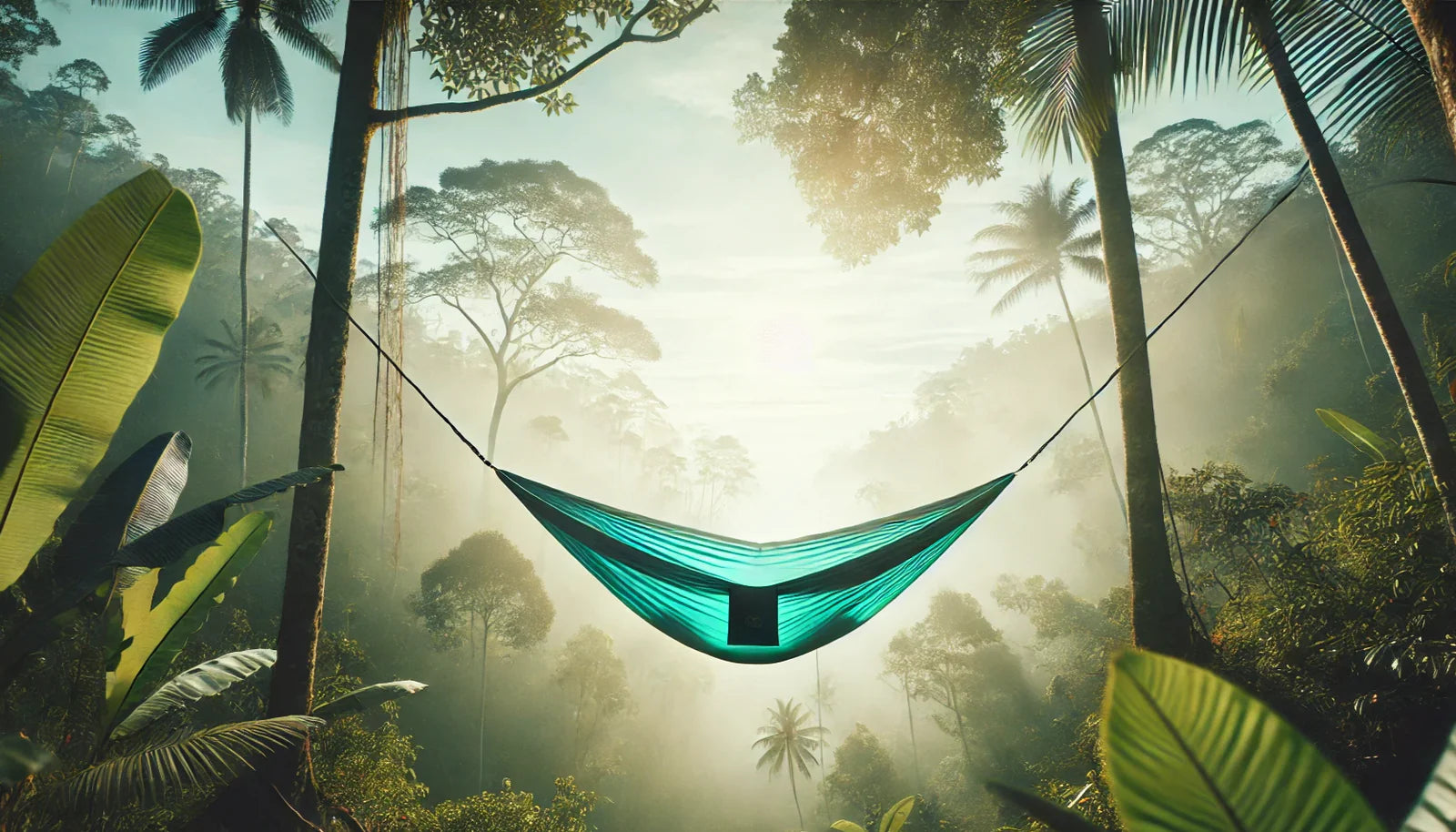 Hammock hanging between two trees in a tropical forest with misty background